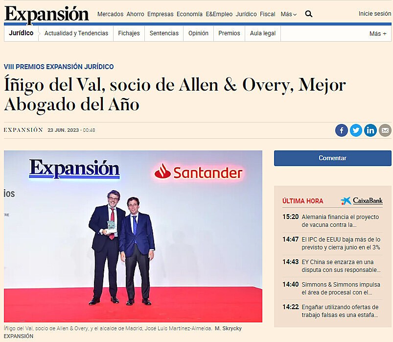 igo del Val, socio de Allen & Overy, Mejor Abogado del Ao